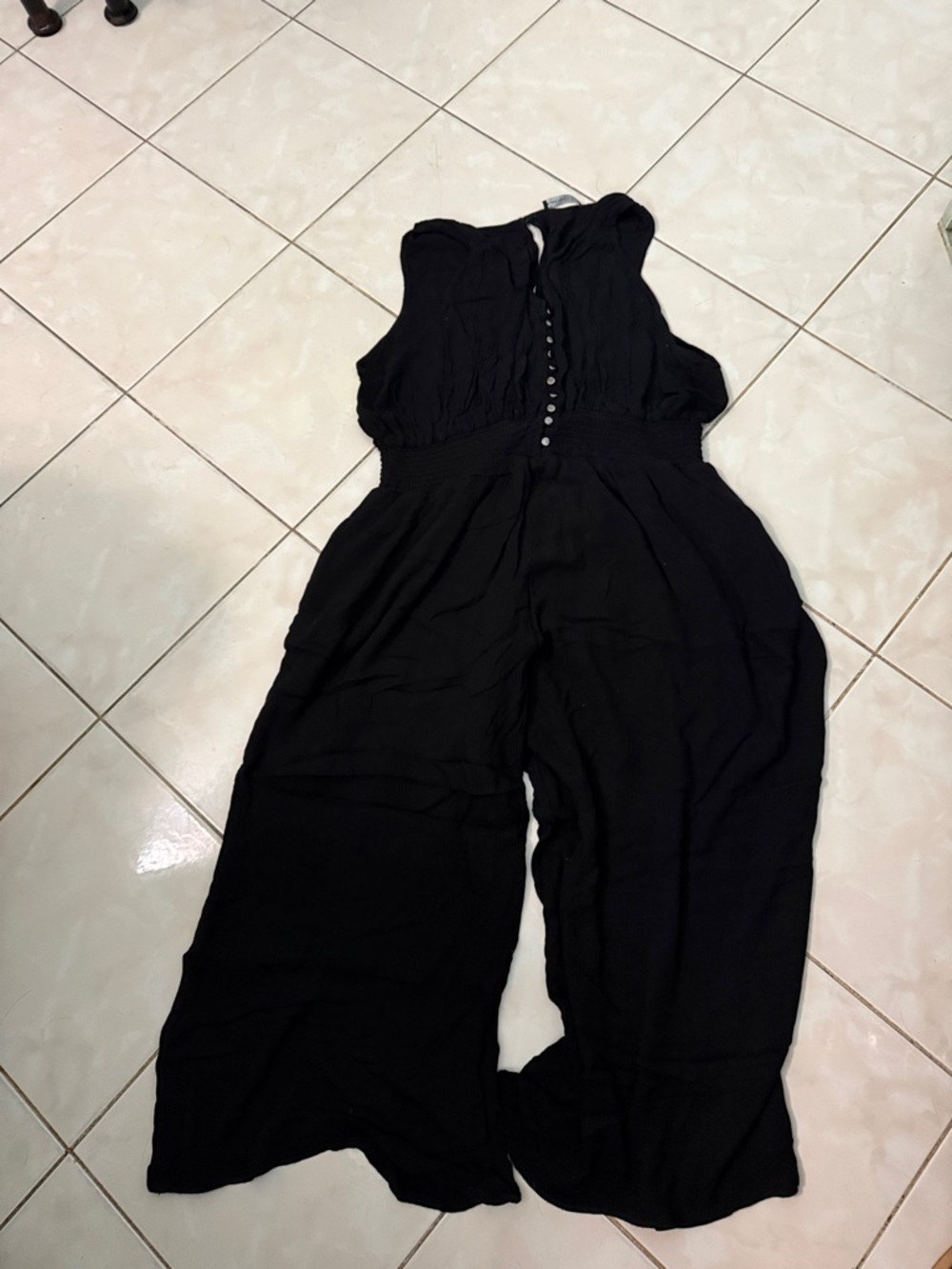 Black Tape_ Black Sleeveless Button-Front Wide-Leg Jumpsuit